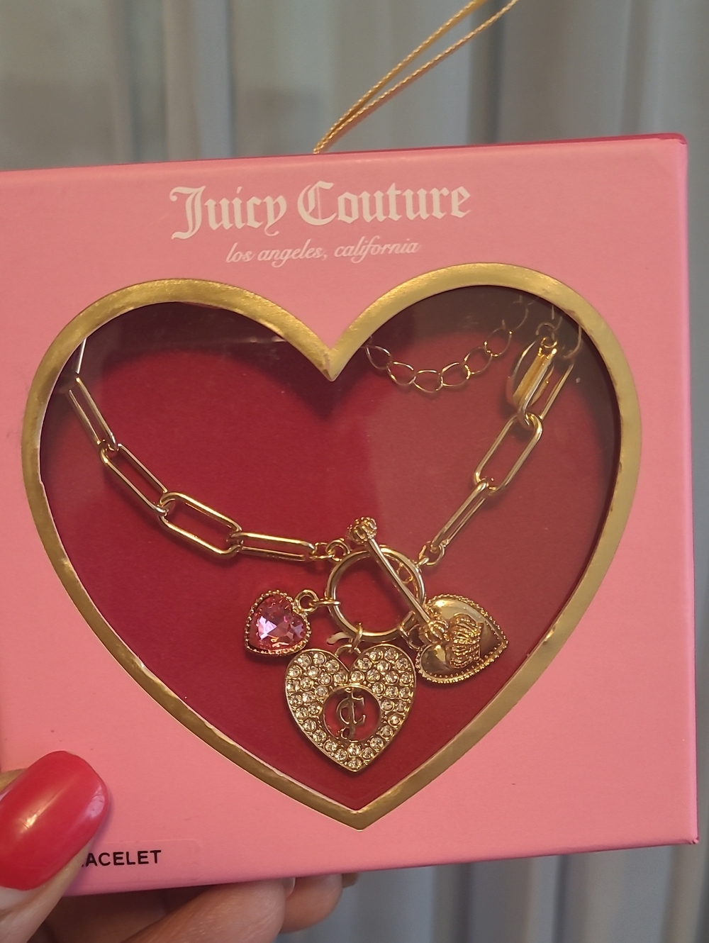Juicy Couture Pink Crystal & Gold Heart Charm Bracelet